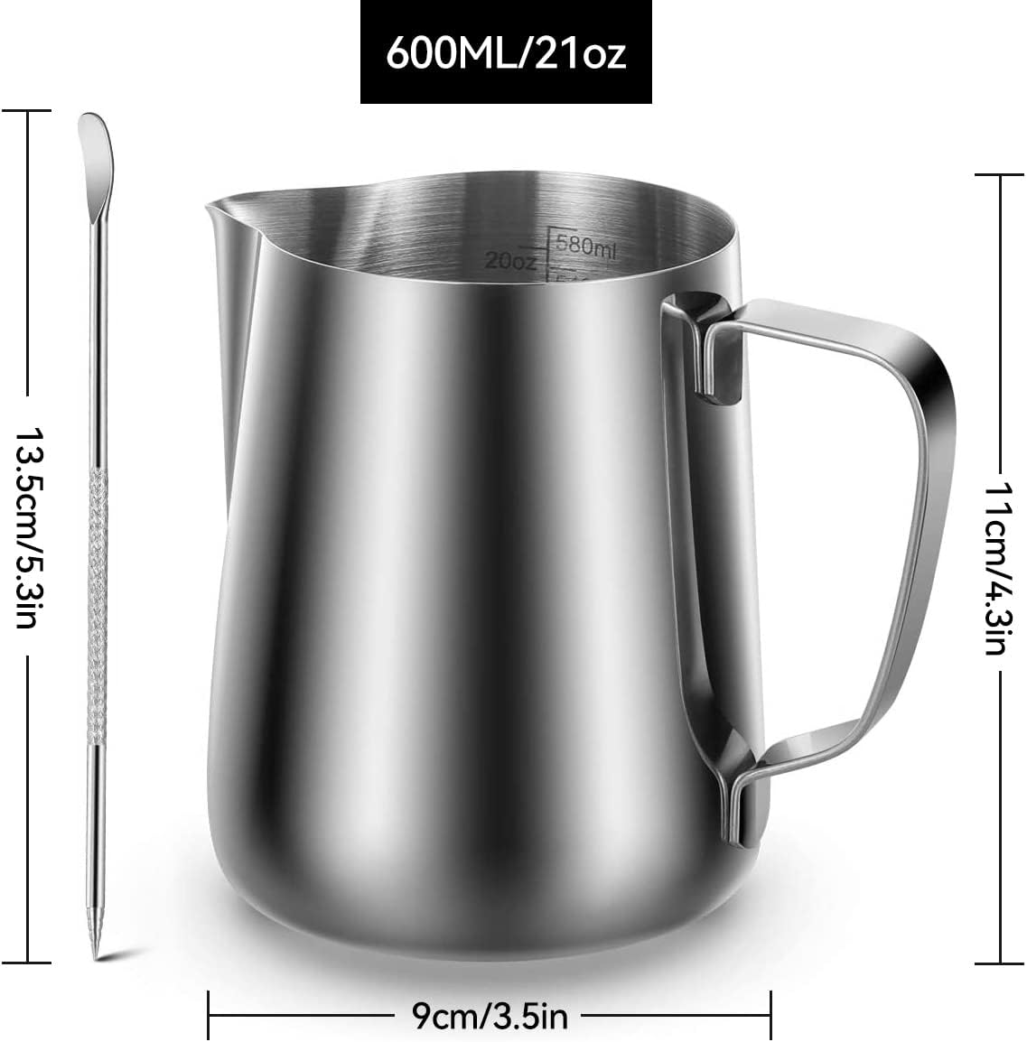 Metal Milk Frothing Jug 20Oz/600Ml Milk Frothing Pitcher with Decorating Art Pen Stainless Steel Steaming Measurements inside for Espresso Machine Coffee Foam Making Cappuccino Latte image number 4