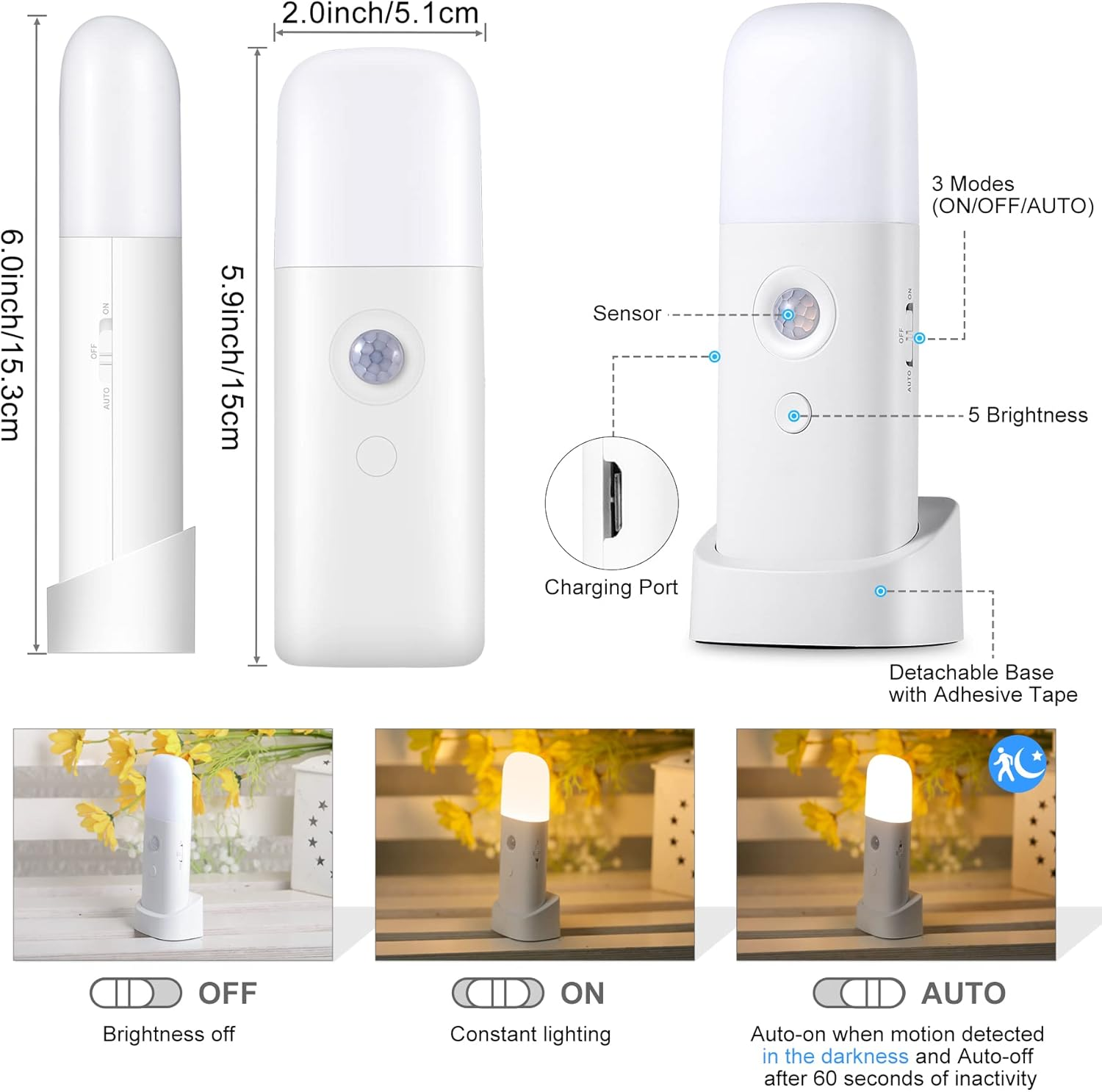 YELKO Motion Sensor Night Light, 2000Mah Rechargeable Night Lights Battery Powered, Portableｄimmable Nightlights with 5 Brightness Levels for Kids,Adults (Warm White 2Pack) image number 5