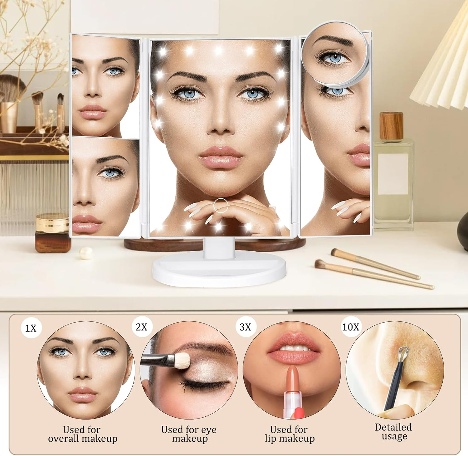 Lighted Makeup Mirror, White Vanity Mirror with 2X, 3X, 10X Magnification, Touch Control, Trifold, for Dresser, Bathroom, Two Power Supply Modes Modern Travel Mirror image number 2