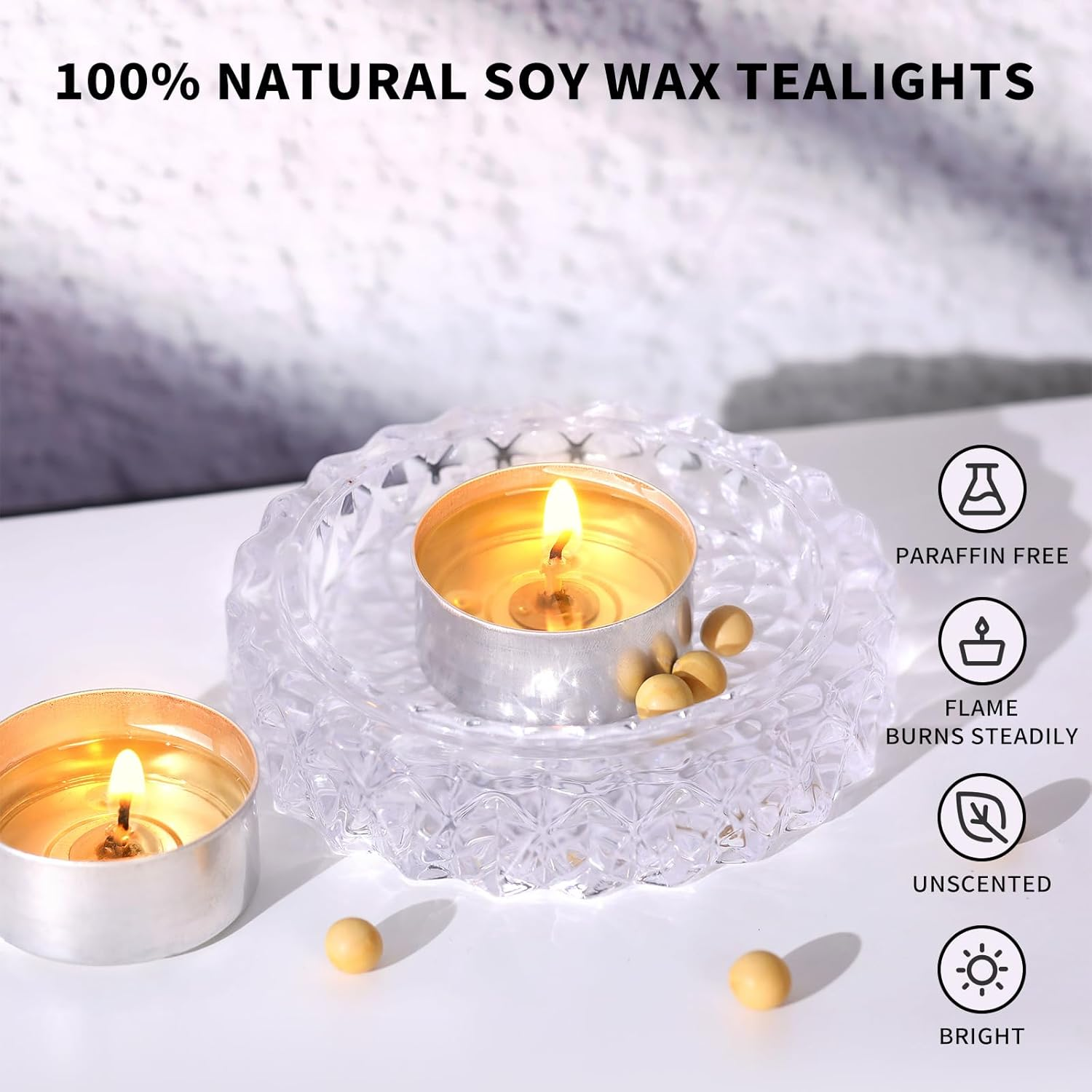 Soy Wax Tealight Candles | 100 Pack - 6 Hour Long Burning Tea Lights, 100% Natural, Paraffin-Free, Unscented Tealights for Party, Home, Wedding, Emergency - 100 Pack image number 3