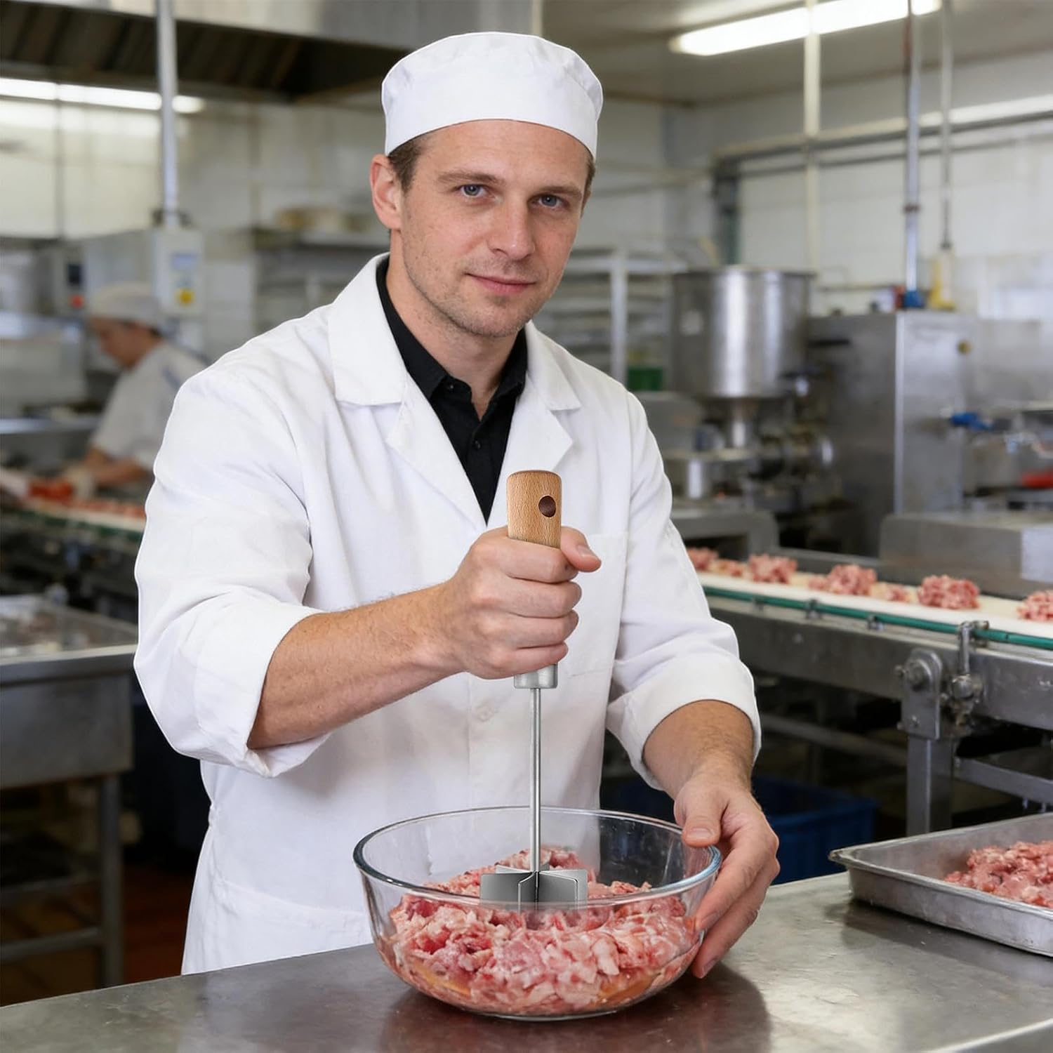 Meat Chopper for Ground Beef - Stainless Steel Kitchen Gadgets | Ground Meat Masher with Wooden Handle,For Sausage Patty Making Cooking Meal Prep Home - Sandblasting image number 2