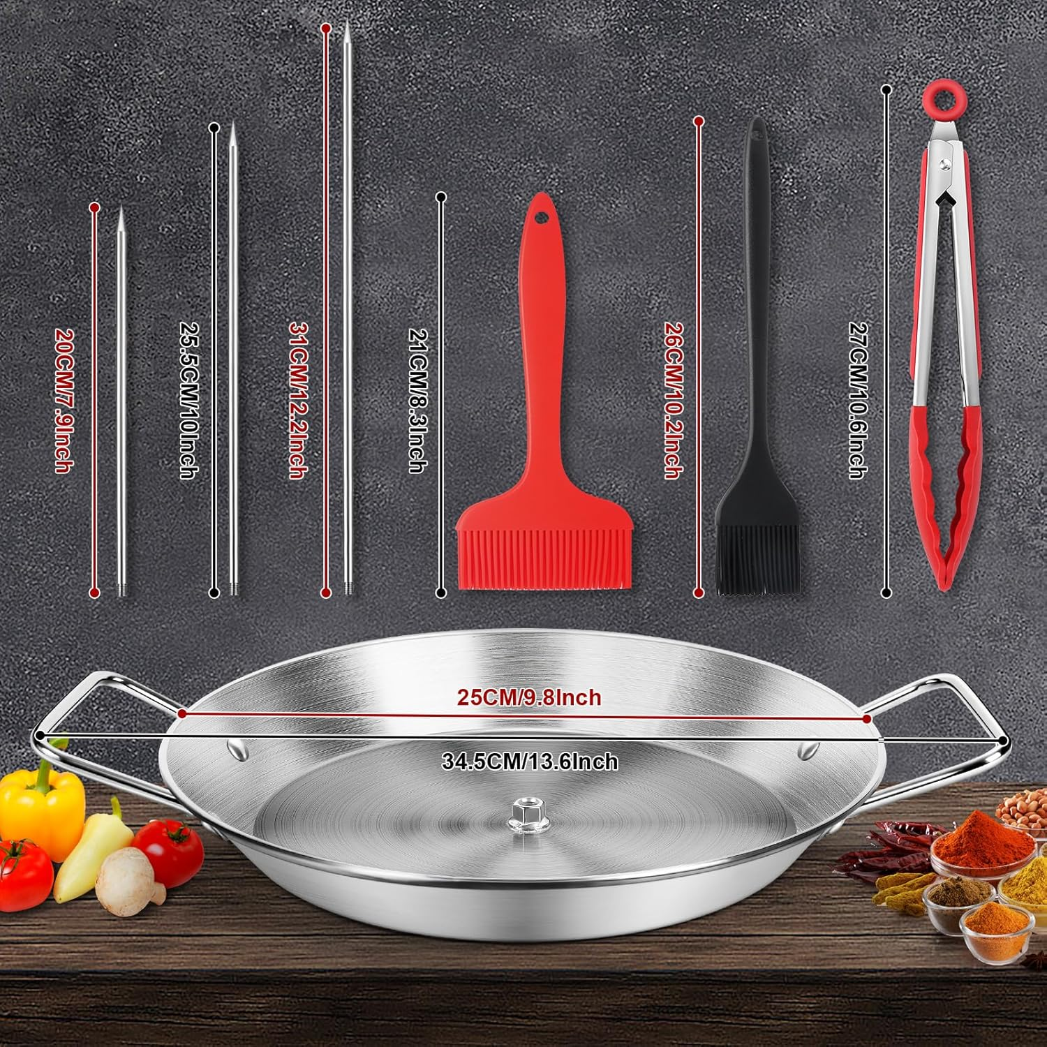 10" Al Pastor Skewer for Grill, Gyro Pan with Skewer, BBQ Vertical Skewer Pan, Stand Rack for Tacos, Shawarma, Kebabs, Gyros, with 3 Removable (9/10/12) Barbecue Spikes, 2 Oil Brushes & Barbecue Tongs image number 4