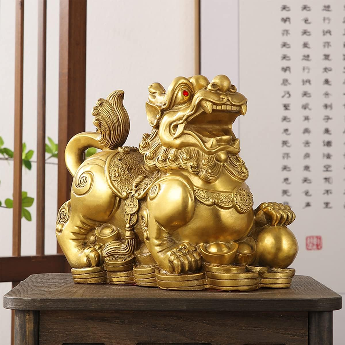 Feng Shui Pixiu/Pi Yao Brass Statue Home Decor a Pair Figurine Attract Money and Good Luck Wealth Decoration Sculpture Golden(3.2" L X 1.6" W X 2.8" H) image number 2
