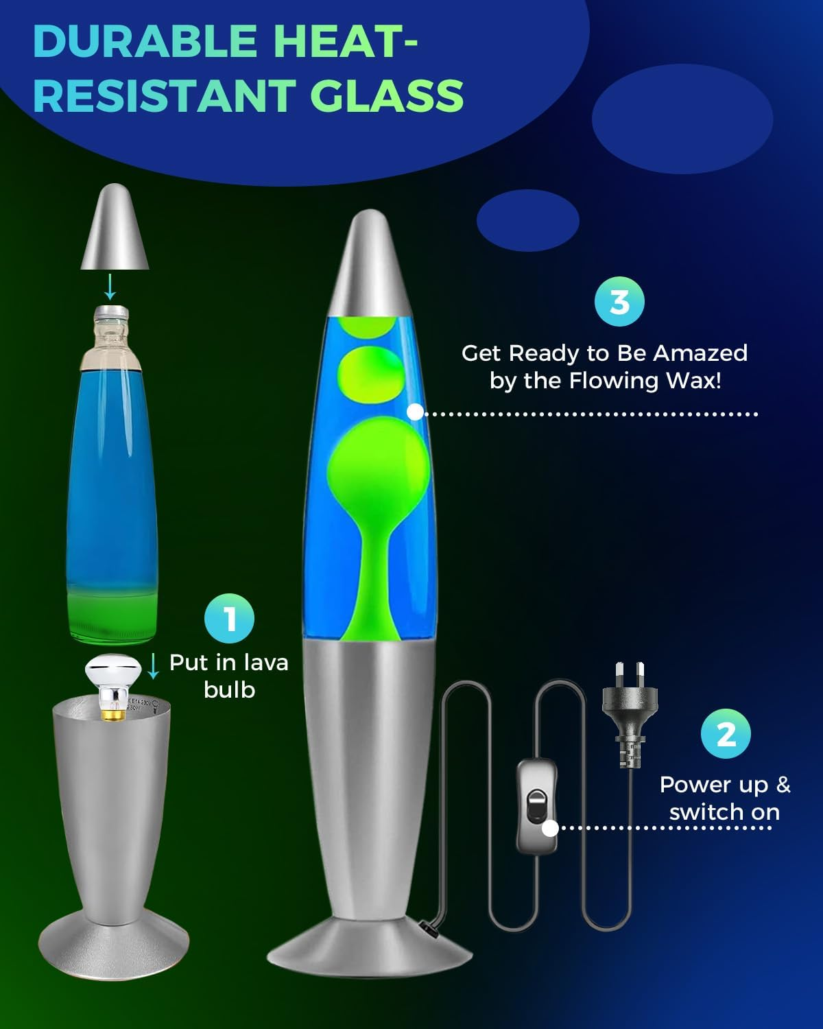 Bonlux Lavalamps, Classic Lavalamps for Adults and Kids-Smoothing Motion Lavalights for Relaxation,Aluminium Base,13.5Inch,With 2-Pack R39 25W E14 Lavalight Bulb,Blue Liquid/Green Wax image number 2