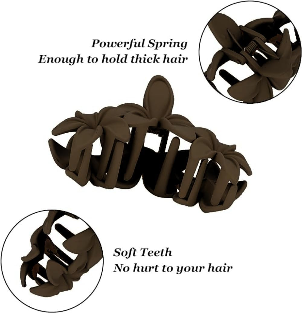 Flower Hair Claw Clips, 4-Pack, Matte Non-Slip Design, Large Plumeria Style, Thick Hair Accessories (Black) - Black image number 2