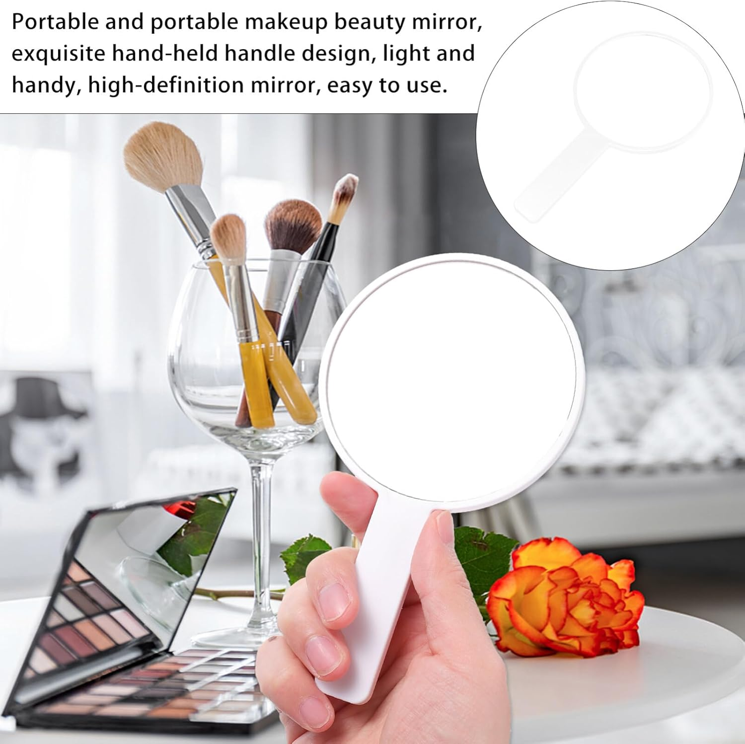 Mobestech Hand Mirror round Handheld Mirror with Handle Barber Hairdressing Handheld Mirror Compact Mirror Makeup Mirror with Handle for Salon Home Travel (White)