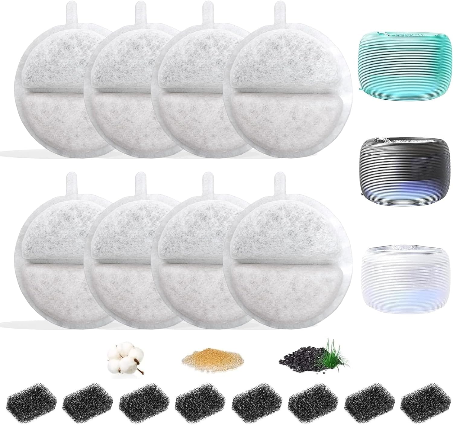 16 Set Cat Water Fountain Filters, Hantoc Replacement Pet Water Fountain Filters 8Pcs Activated Carbon Filter & 8Pcs Foam Sponge for 2.5L Cat Fountain Apetgo-3 &lrm;F-016B Cat Fountain with Active Carbon image number 6