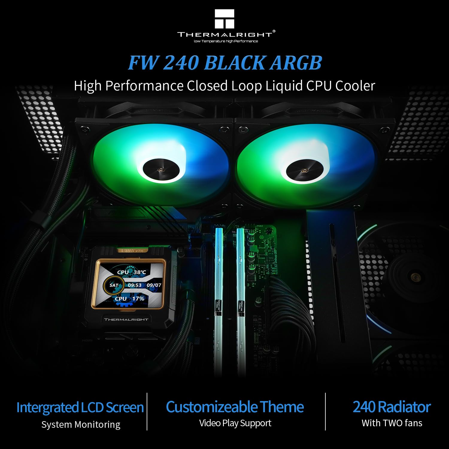 Thermalright FW240 Black Argb-240Mm AIO CPU Liquid Cooler,Ips LCD Screen with 320*240 Resolution,For Am4/Am5/Intel LGA1700/1851,&lsquo;2.4 Inch&rsquo;Magnet-Absorbent LCD Screen for Images -Black,Cpu Water Cooler image number 1
