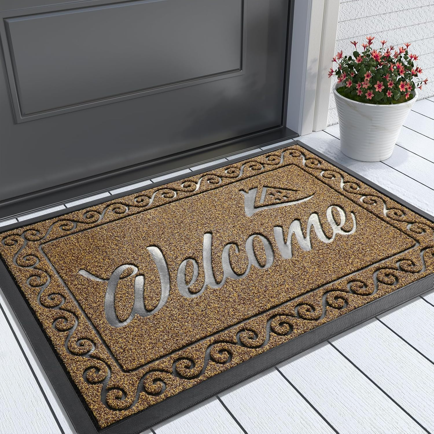 Yimobra Welcome Front Door Mat, Heavy Duty Easy Clean Doormat Indoor Outdoor, Waterproof Quick Dry Floor Mat for Home, Garage, Hign Traffic Areas, Non Slip, Low Profile, 29.5X17 Inches, Yellow
