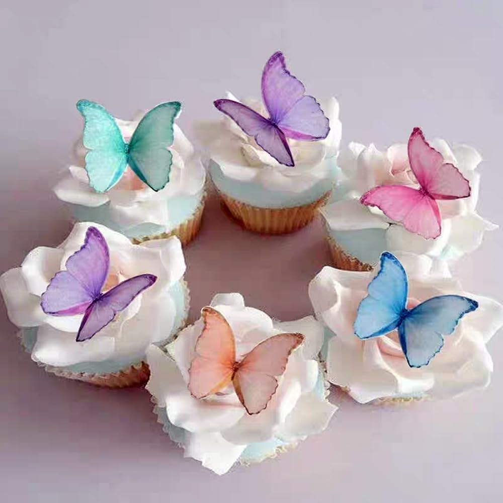 48 PCS Edible Butterflies Cupcake Cake Decorations Wafer/Rice Paper Cupcake Cake Toppers for Family Cupcake Wedding Cake Birthday Party Food Decoration