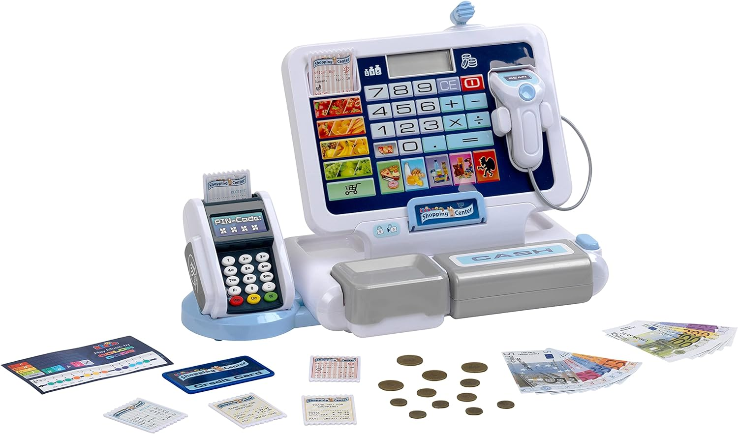 Theo Klein 9324 Tablet Cash Station I Play Cash Register with Sound and Detachable Tablet, POS Terminal, Scanner and Play Money I Toys for Children Aged 3 and Over
