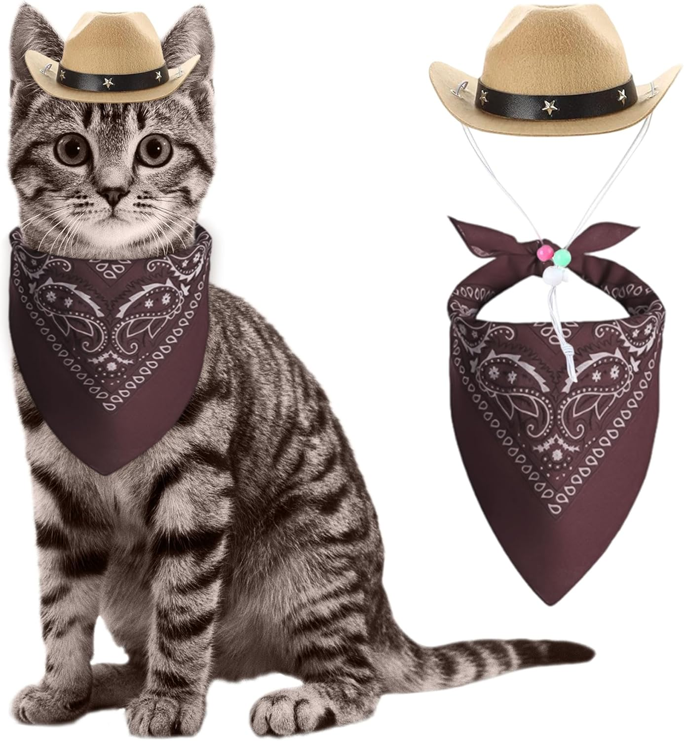 Laventy Cowboy Hat for Cats Brown Bandana Mini Pet Cowboy Costume for Halloween Party Decoration image number 2