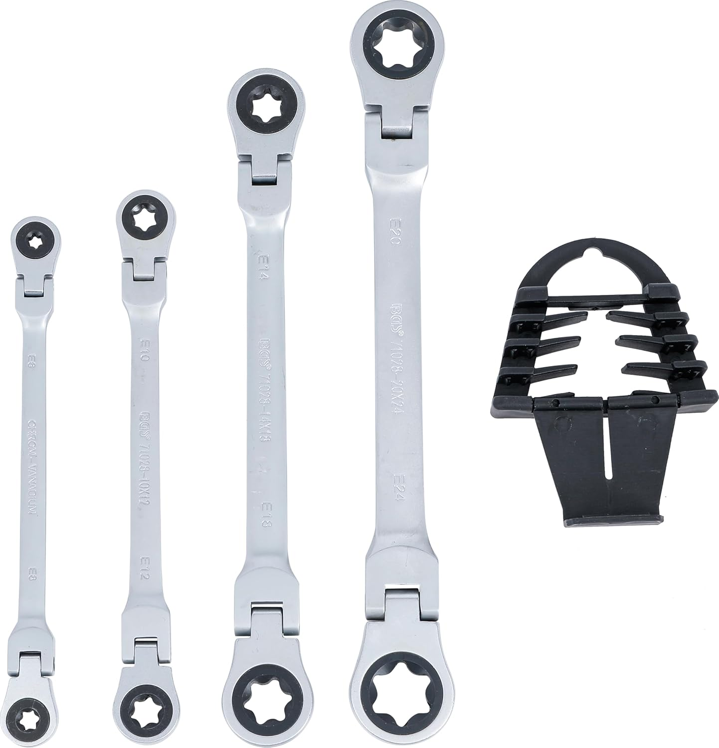 BGS 71028 | Double Ratchet Ring Spanner Set | Angled | with E-Profile Ring Heads | SW E6 - E24 | 4-Piece Set image number 4
