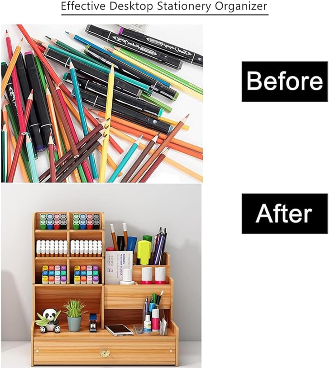 AIMALL Multitier Stationery Storage Rack with Drawer, Large Capacity Desktop Organizer for Pens, Documents, Office Supplies, 9.65"X10"X5.91" image number 6