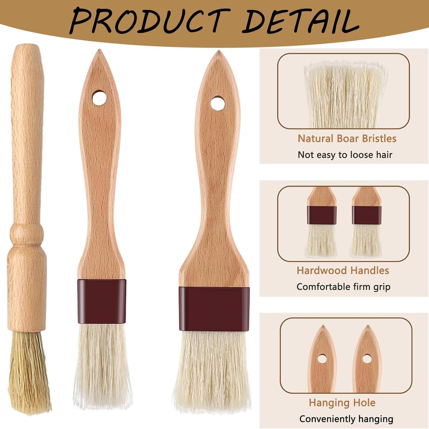 Wooden Pastry Basting Brushes Set, 3 Pieces Wood Durable Cooking Brush,Natural Bristle Basting Kitchen Oil Brushes,Wooden Handle Natural Bristle Bast BBQ Oil Brush image number 6