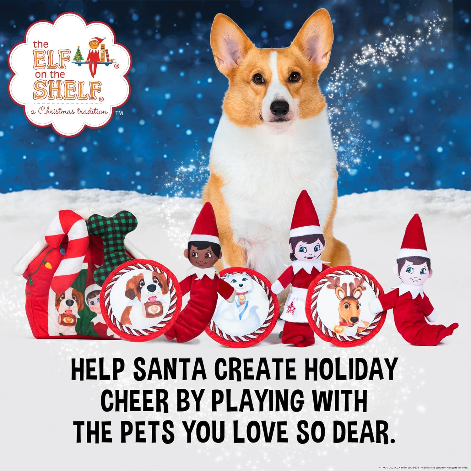 The Elf on the Shelf 2Pc Dog Toy Set with Elastic Scout Elf + Elf Pets Arctic Fox Plush Flattie Disk, Squeaky Dog Toys | Bungee Dog Toys for Tug | Stocking Stuffers for Dogs image number 3