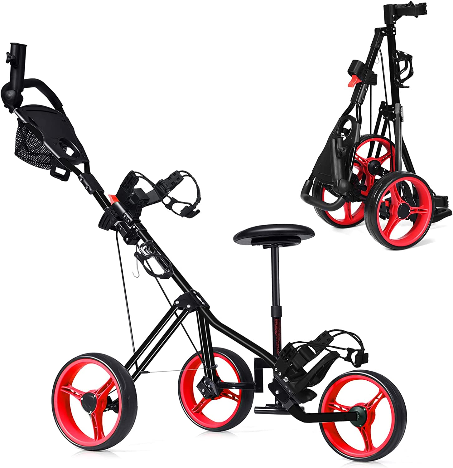 Costway 3-Wheel Folding Golf Push Cart, Multifunctional Push Pull Golf Trolley with Adjustable Handle, Padded Seat, Scoreboard, Cup Holder & Umbrella Holder