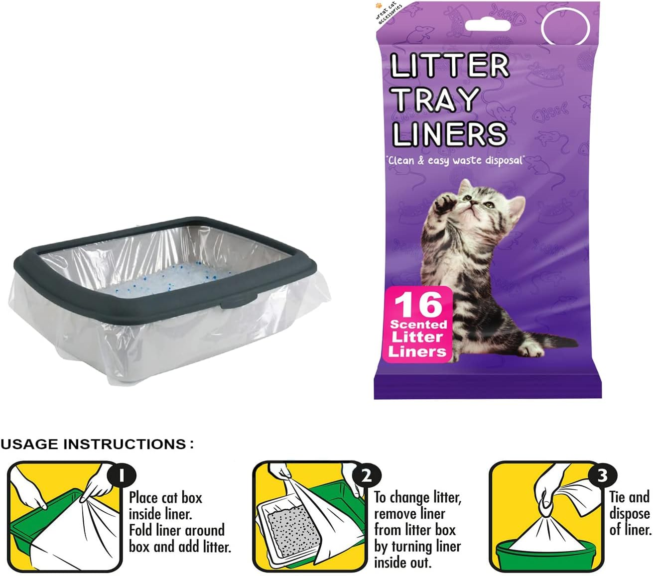 16 Kitty Cat Litter Trays Liners, Fits to Most Cat Litter Tray Liners, Easy to Dispose & Hygienic Cat Litter Liners, for 40Cm X 30Cm Liners (1 Pack, 16 Bags)
