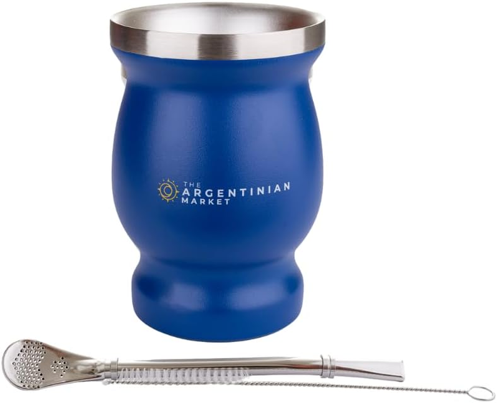 Mate Cup Gourd, Bombilla Straw and Cleaning Brush Set, Stainless Steel (Black)