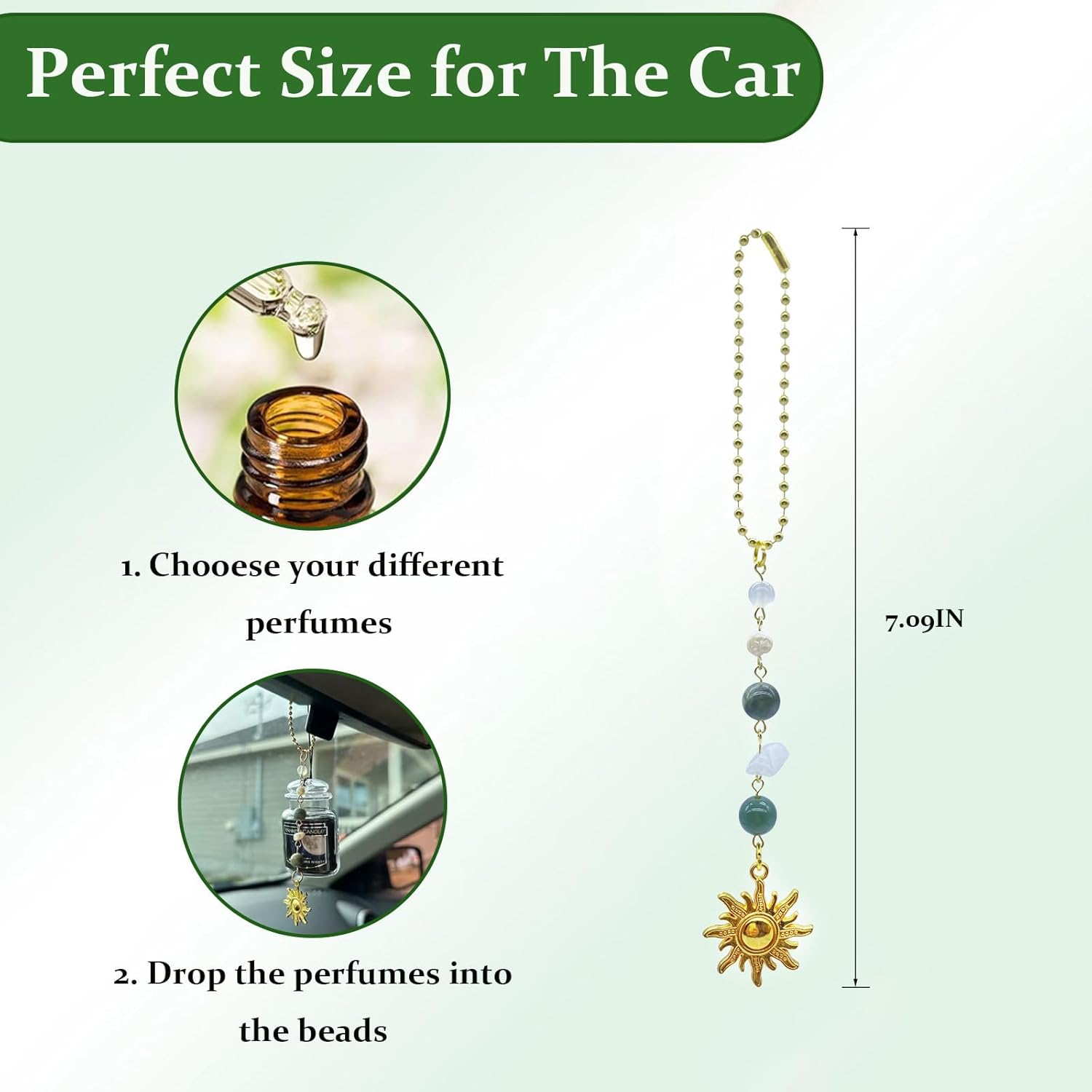 Sun Hanging Car Charm,Green and Gold Rear View Mirror Accessories Cute Boho Dangling Sun Car Decor Handmade Healing Crystals Stones Ornament Gifts for Women Men (Green) - Blue image number 7