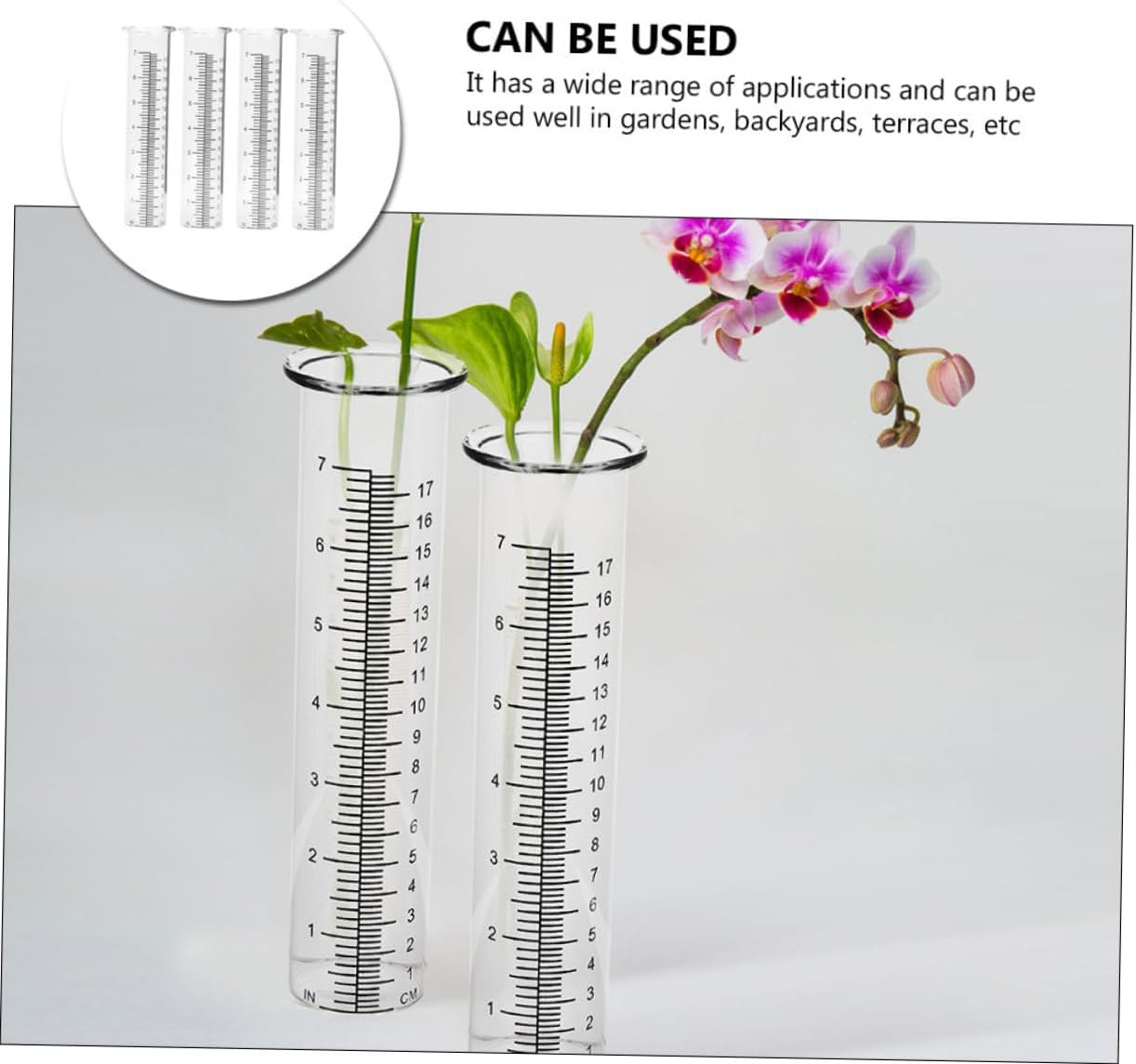 Ibasenice 4Pcs Transparent Rain Gauge Tubes with Design and Stand Clear Portable Rain Measure Tools for Garden Lawn Plant Moisture Monitoring