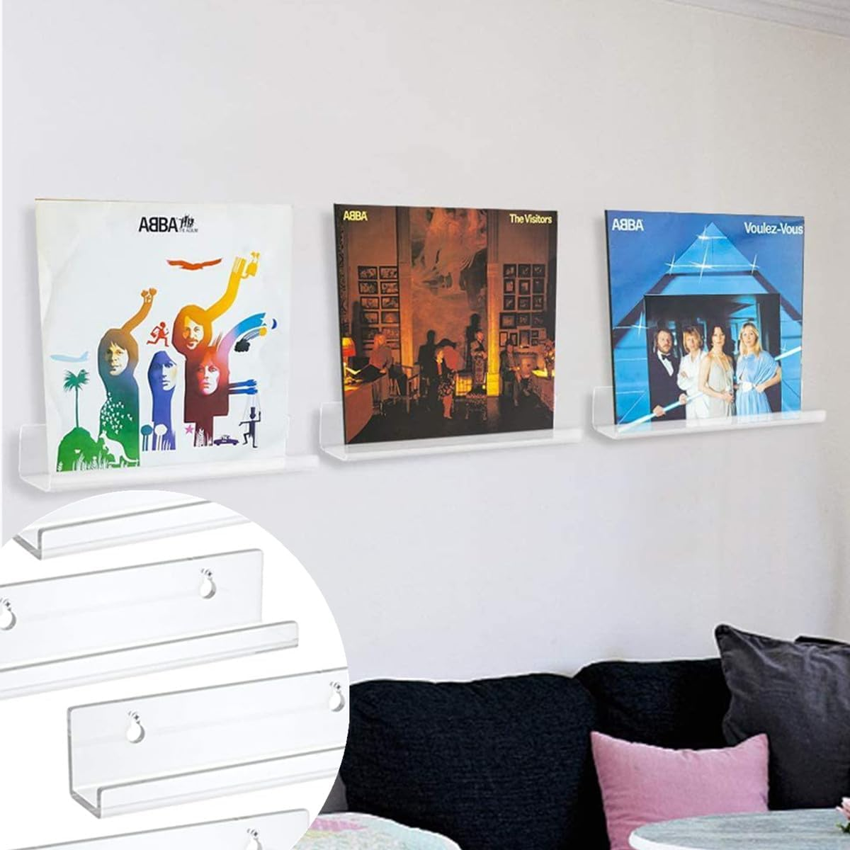 Vinyl Record Shelf Wall Mount, 4 Pack 7 Inch Clear Acrylic Album Record Holder,For Book Photo Picture in Bedroom Living Room Kitchen Bathroom image number 2