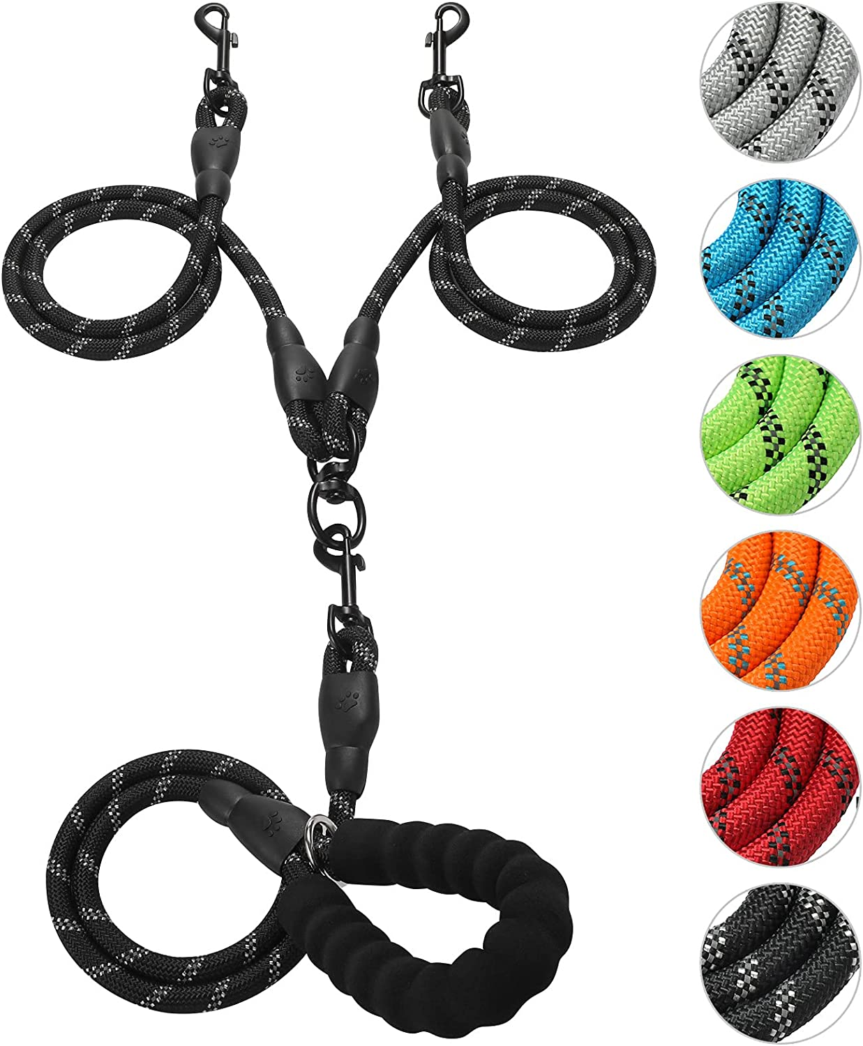 Reflective Double Dog Leash with Detachable Coupler and Tangle Free Control, Padded Handle for Large and Medium Dogs Walking (Red, Double Leash)