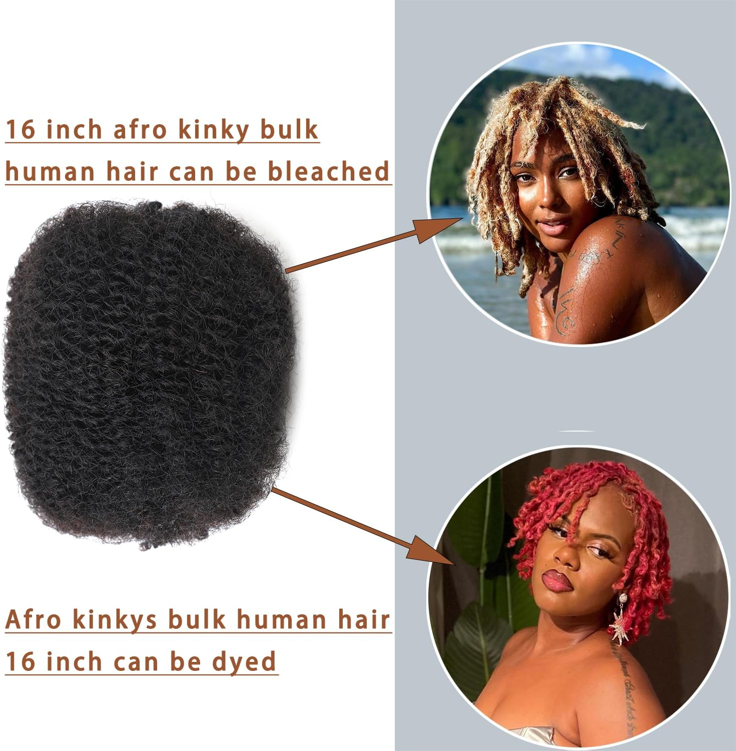 Afro Kinkys Bulk Human Hair 16 Inch 30G/Bundle Natural Black 16 Inch Afro Kinky Bulk 100% Human Hair Can Be Bleached and Dyed image number 4