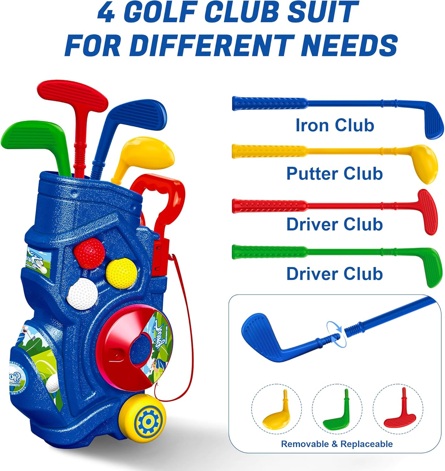 Kids Golf Clubs Set, Golf Play Equipment Set Toys, Indoor Sport & Outdoor Toy with 4 Clubs, 9 Balls, 2 Practice Holes, Shoulder Strap, Birthday Christmas Toys for 3 4 5 6 Year Old Boys Girls image number 4