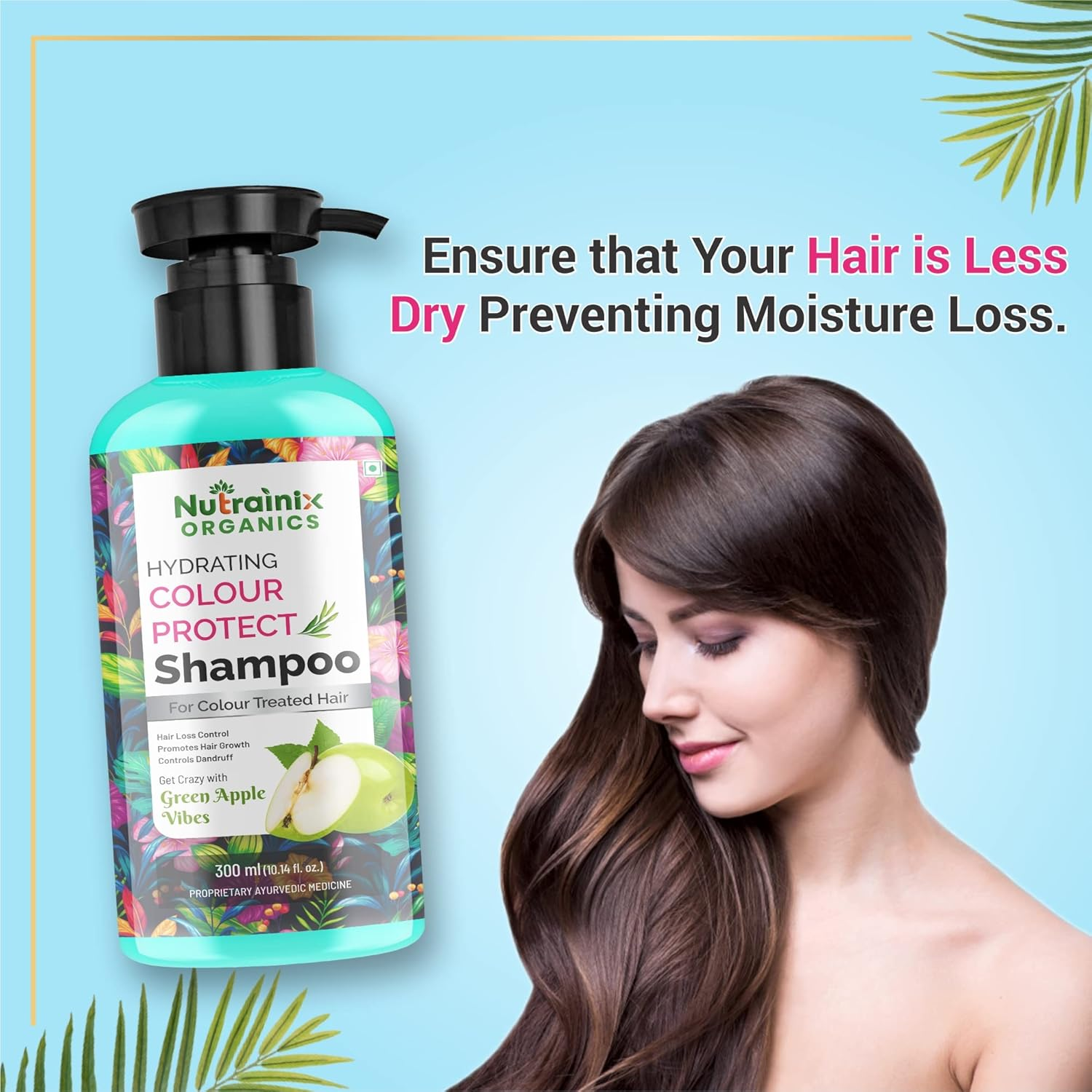 Nutrainix Organics Hydrating Colour Protect Shampoo with Green Apple Vibes | Shampoo for Coloured Hairs Growth | Color Protecting Shampoo - 300Ml image number 1