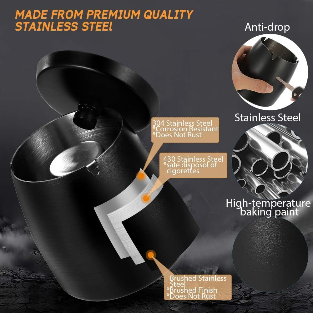 Large Outdoor Ashtray with Lid, Black Stainless Steel, High Capacity Smokeless Design, Windproof Covered, Odor Proof for Patio Home Office Tabletop image number 6