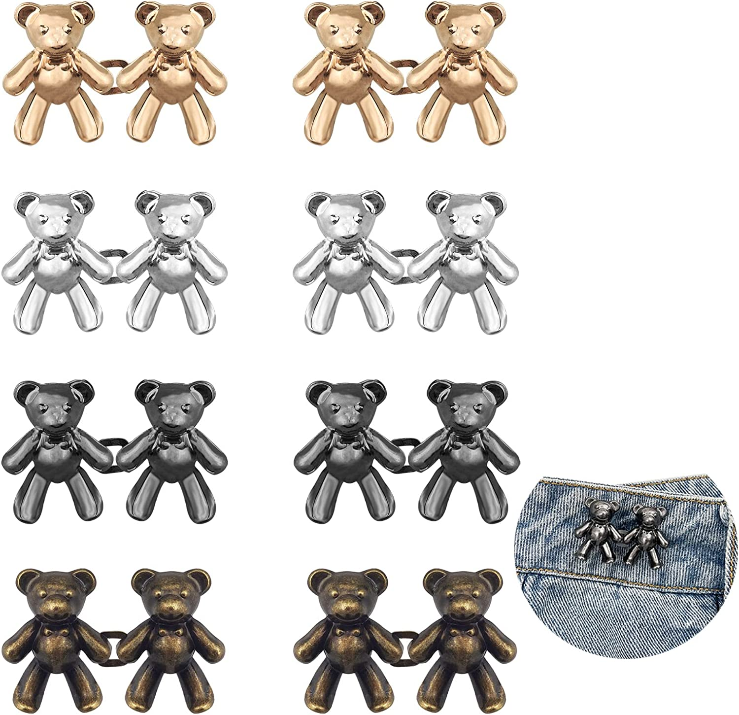 8 Pairs Cute Bear Jeans Button Pins for Clothing Pants No Sewing Detachable Waist Body Fit Tightening Buckles DIY Clothing Accessories for Women and Girls Skirt Jackets Jeans