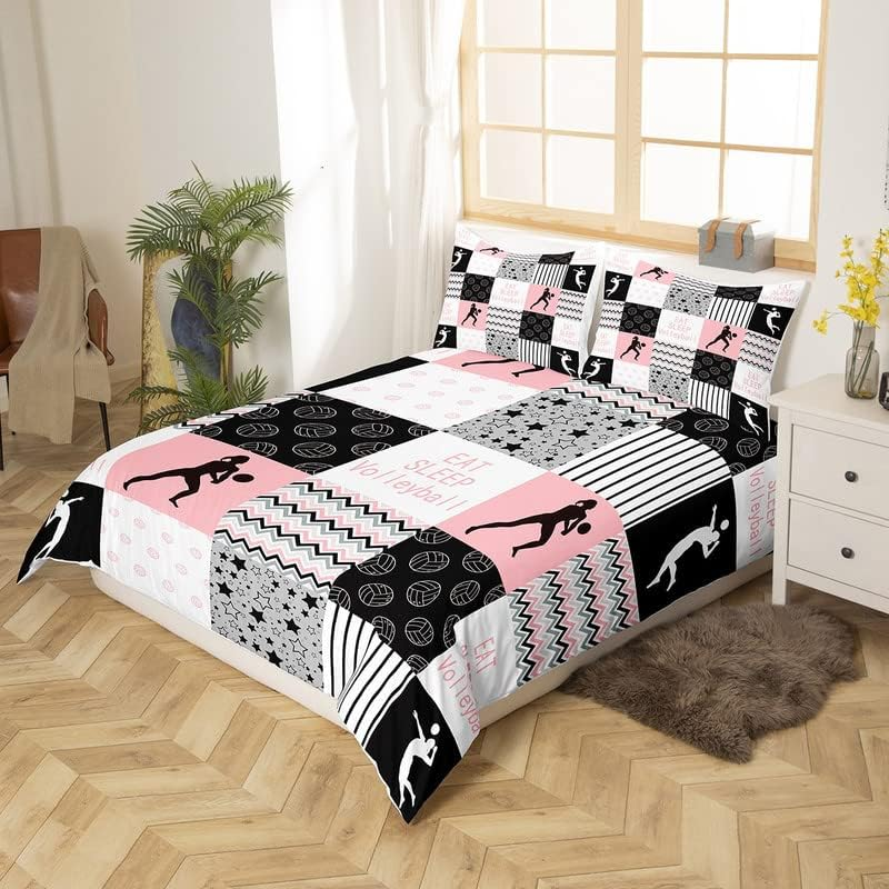 Loussiesd Volleyball Bed Set Sports Game Bedding Set 135 X 200 Cm Volleyball Player Duvet Cover Set for Children Microfibre Pink Black White Geometry Duvet Cover Decor Bedding image number 5