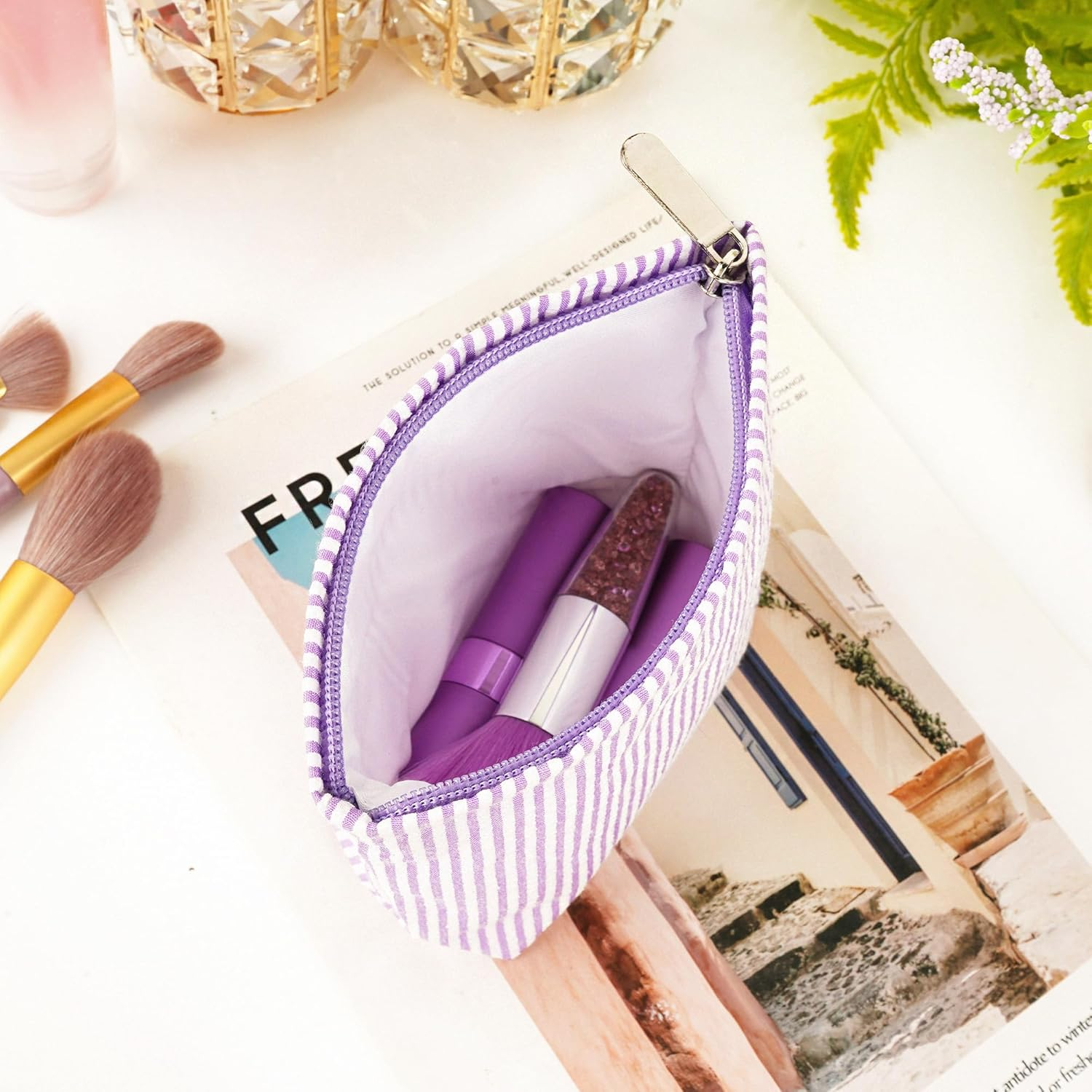 Reignsword 2 Pack Travel Cosmetic Bag, Fashion Stripes Makeup Bag Organizer, Portable Toiletry Bag Zipper Pouch for Women (Green & Purple) image number 3