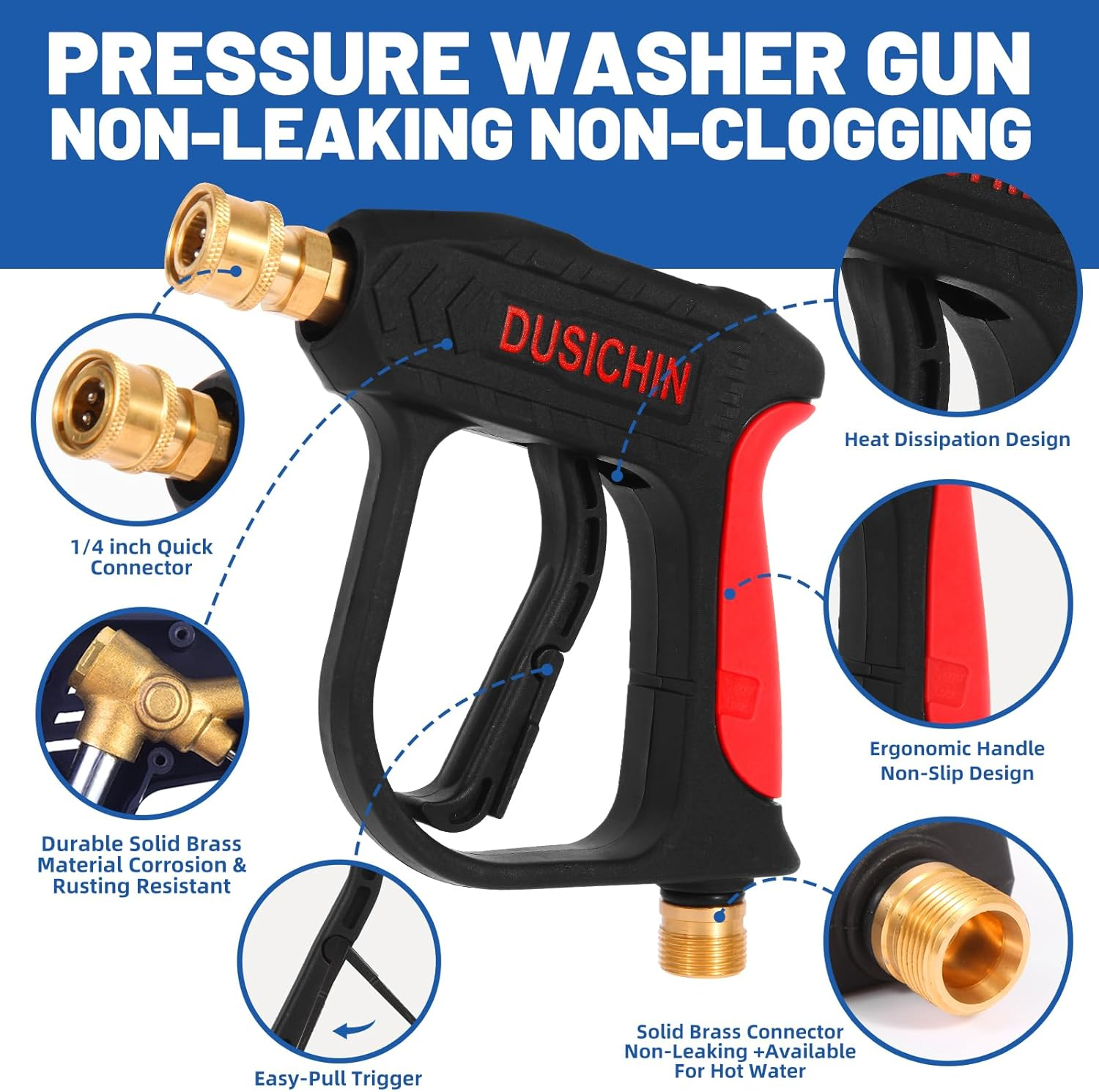 DUSICHIN DUS-220 Short Wand High Pressure Washer Handle Gun 3000 PSI Max 5 Pressure Power Washer Nozzles Tips image number 4