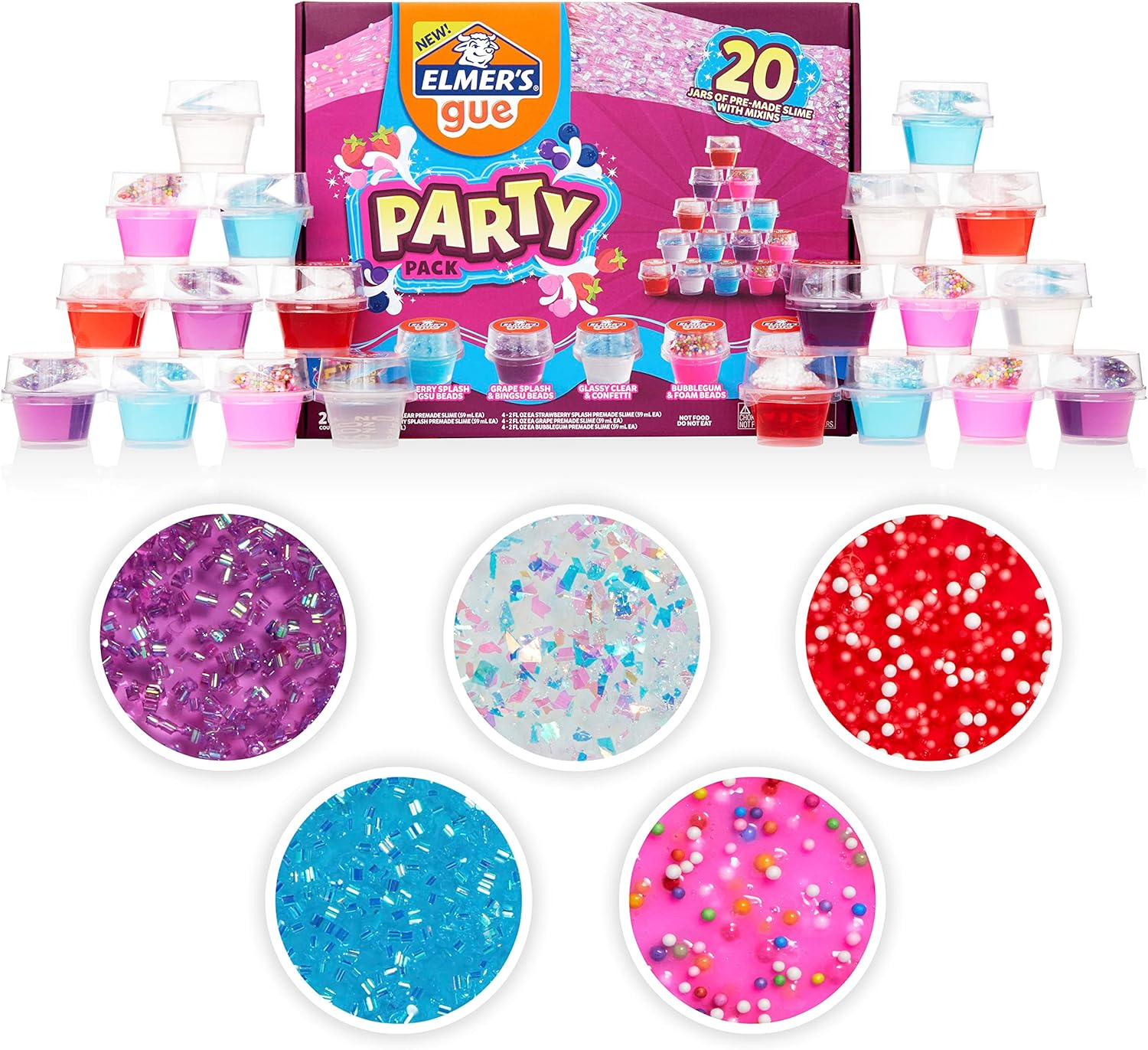 Elmer&rsquo;S GUE Premade Slime, Slime Kit, Includes Fun, Unique Add-Ins, Party Pack, 20 Count