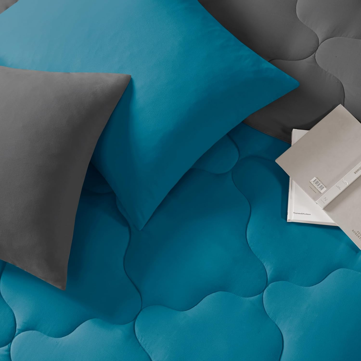 Comfort Spaces Vixie Reversible Comforter Set - Trendy Casual Geometric Quilted Cover, All Season down Alternative Cozy Bedding, Matching Sham, Teal/Charcoal, Full/Queen 3 Piece image number 6