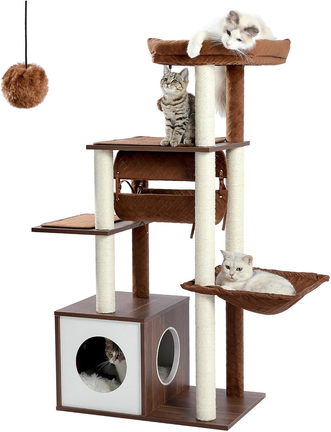 PAWZ Road Cat Tree Cat Scratching Post with a Large Hammock Play Tower, Play Tunnel Wooden Furniture Cat Stand 130Cm Brown