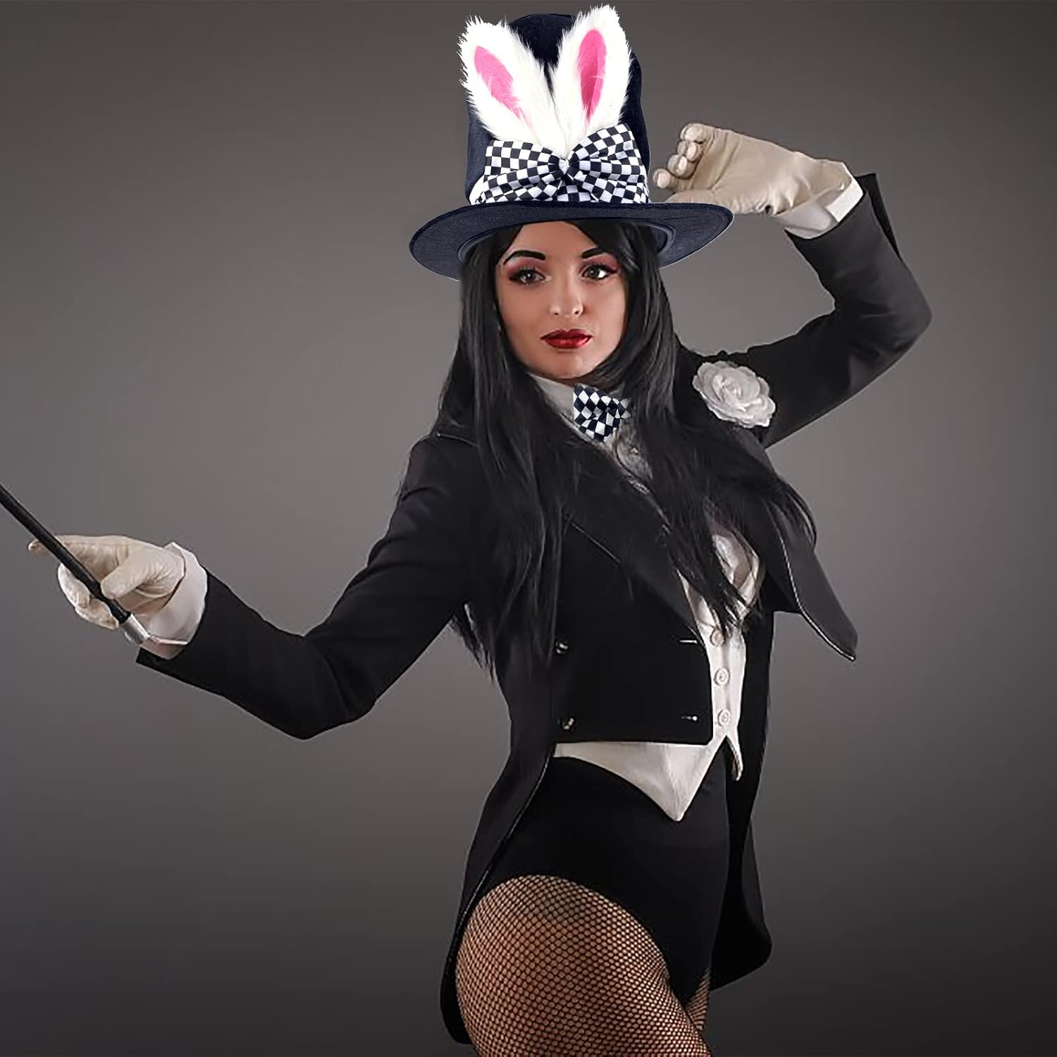 White Rabbit Costume Set Mad Hatter Costume Bunny Ear Top Hat Glasses Bow Tie Gloves for Easter Halloween Costume Accessories (4 Pieces, Multicolor) image number 3