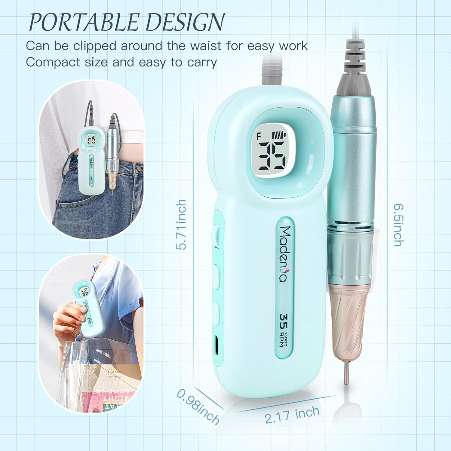 Madenia Rechargeable Electric Nail Drill Professional Portable E File Machine for Acrylic Gel Nails, Cordless Manicure Pedicure Polishing Tools, Blue image number 2