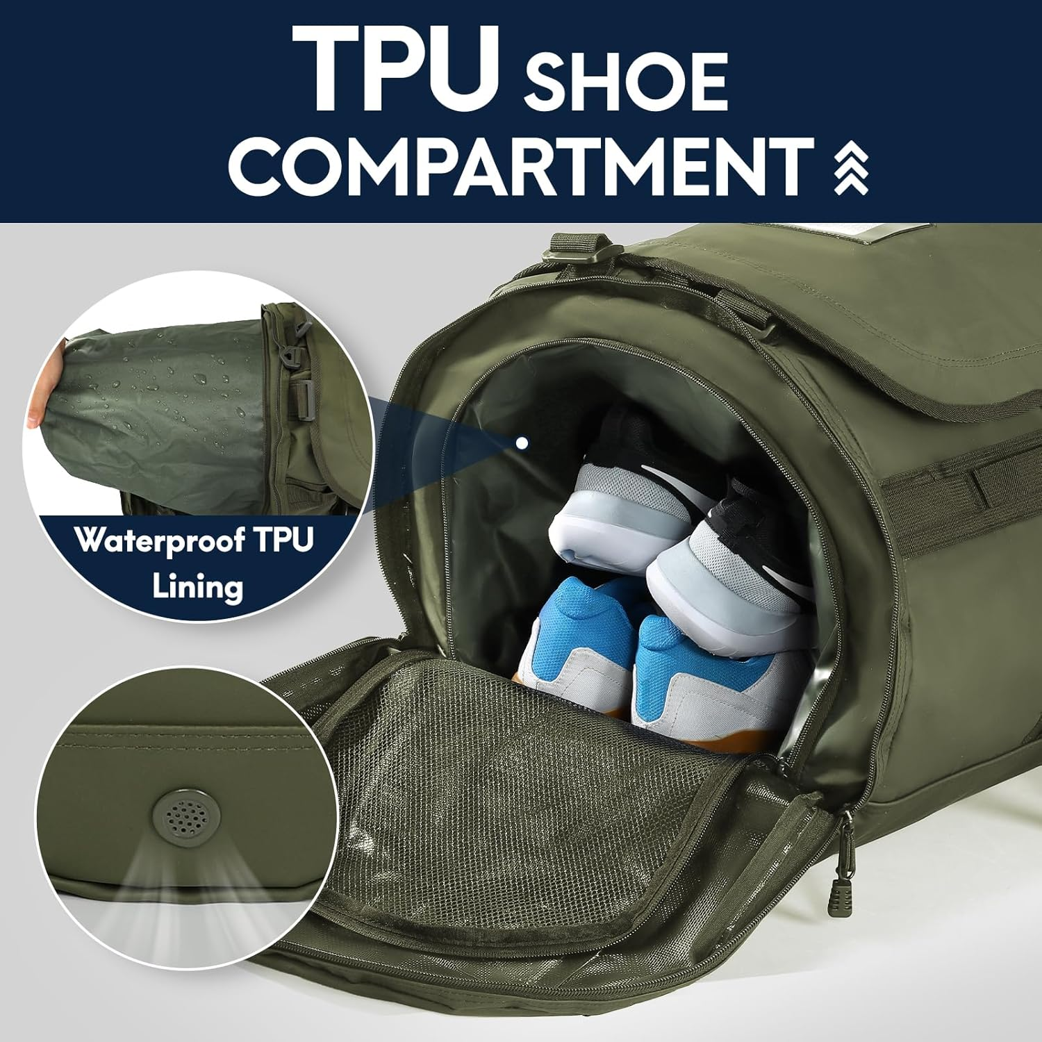 Haimont Large Duffle Bag Backpack for Men Women, 60L Convertible Travel Duffel Bags with Shoes Compartment, Carry on Durable Duffle for Sports Gym Hiking Camping, Army Green image number 5