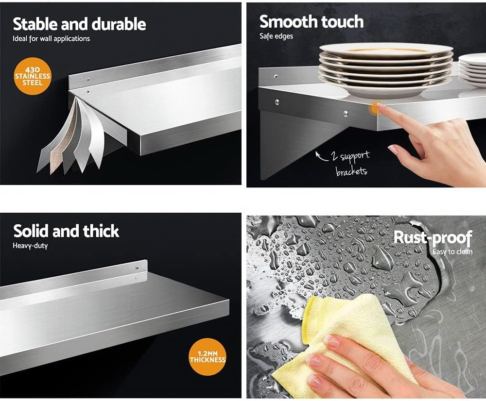 Cefito Stainless Steel Wall Shelf, 180 X 30Cm Floating Kitchen Shelves Wall-Mounted Shelving Display Rack Hanging Organizer Storage for Home, Rectangle 1.2Mm Thickness Rustproof Silver image number 4