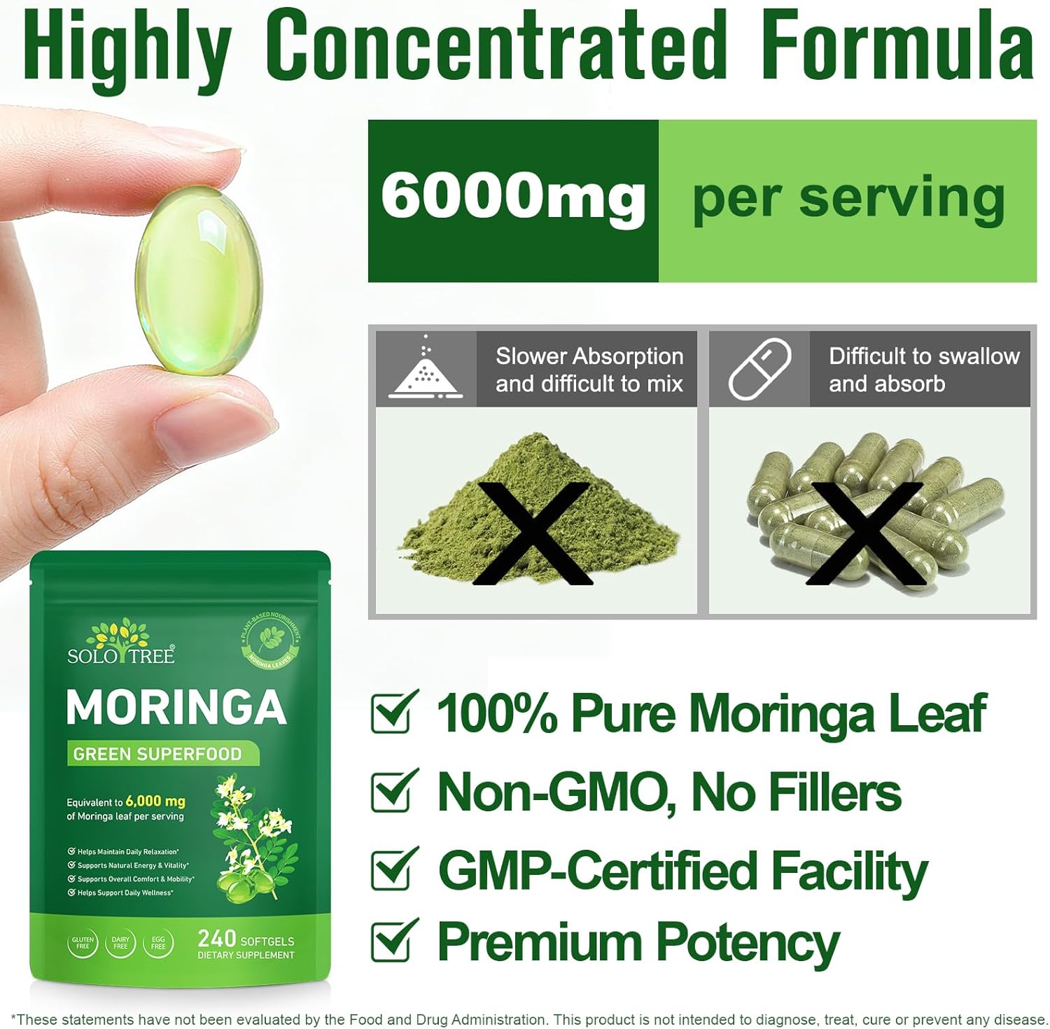 Moringa Softgels 6000Mg Equivalent | Plant-Based Moringa Leaf Extract | Gluten-Free, Dairy-Free, Egg-Free | Made for Daily Use | 240 Count