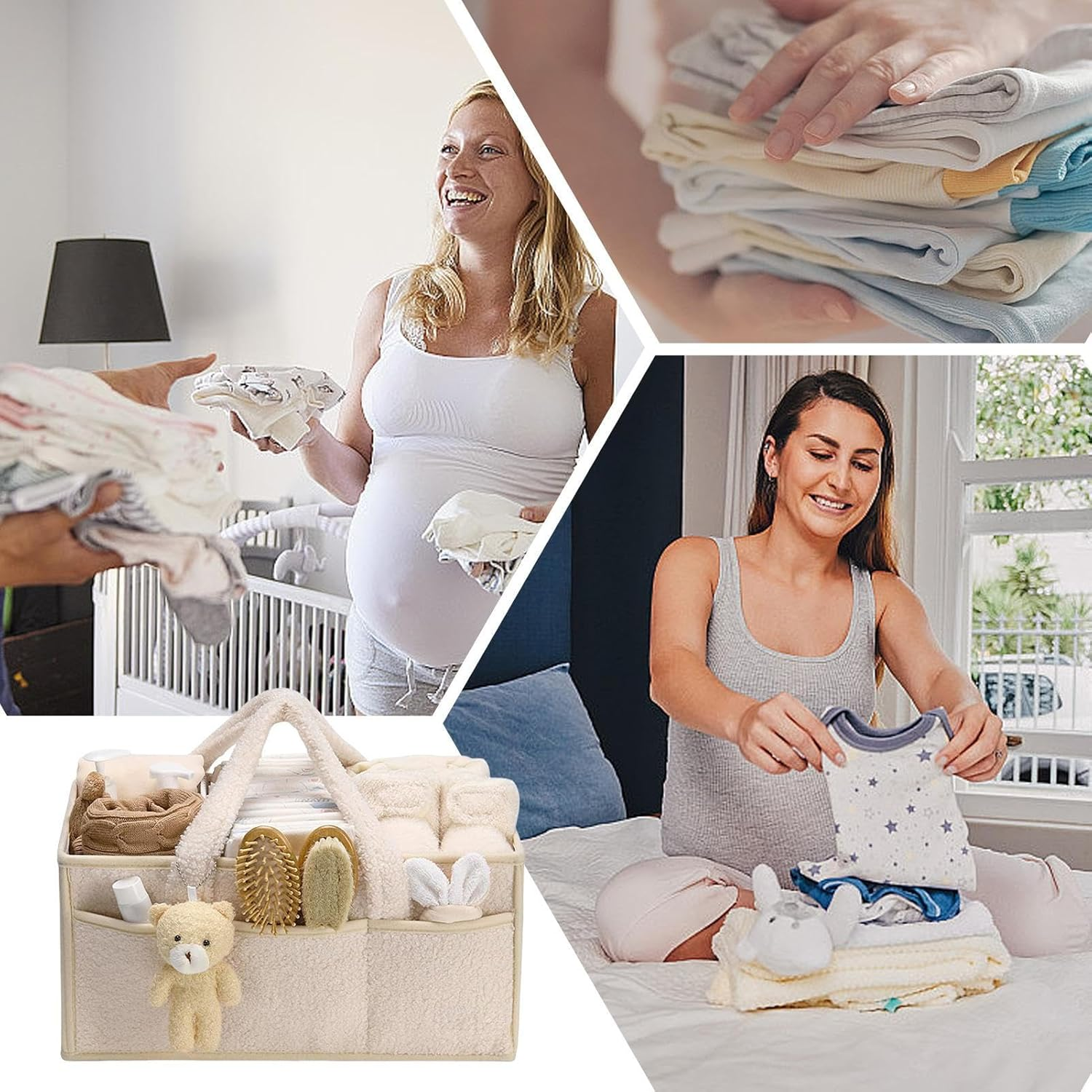 Baby Changing Bag Organiser, Baby Storage Bag with Removable Dividers, Multifunctional Portable Changing Organiser with Bear, for Wet Wipes and Baby Items, 38 X 25.4 X 17.8 Cm image number 5