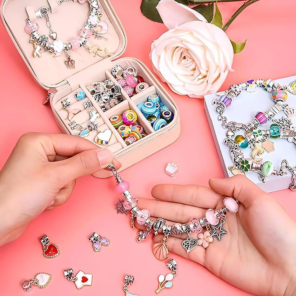 Charm Bracelet Making Kit for Girls, 68Pcs Charm Bracelets Kit with Jewelry Box, Jewelry Charms, Bracelets for DIY Craft, Jewelry Gift Adults and Kids, Present for 8-12 Year Old Girl Colorful (Pink) - Pink image number 6