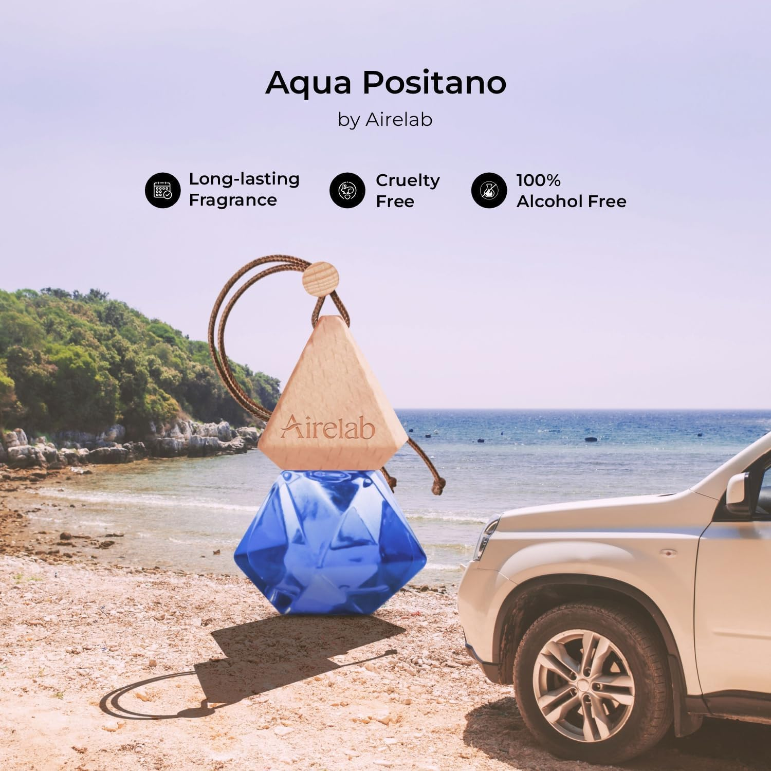 Airelab Car Perfume Diffuser Aqua Positano in Vibrant Blue Crystal Pendant | Premium Seaside Notes 40% Imported Essential Oils | Alcohol-Free, 60-Day Freshness | Eliminates Odors & Dampness