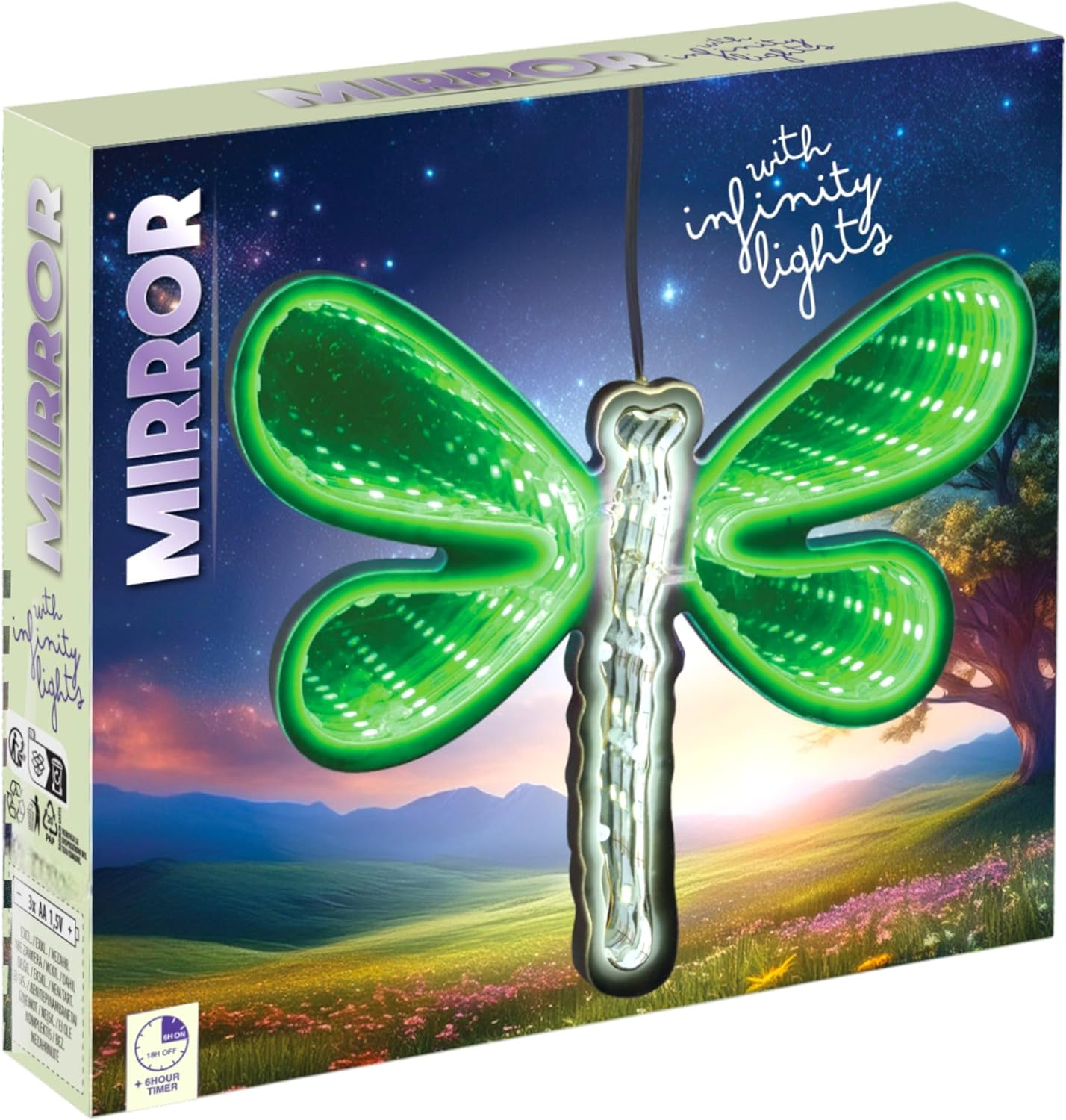 MIJOMA Mirror Figures Infinity LED - Battery Operated with 6 Hour Timer, Decorative Mirror Light with Endless Effect for Window Areas & Living Rooms (Dragonfly)