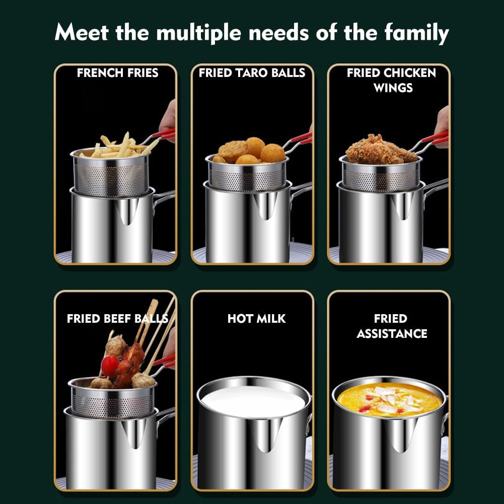 304 Stainless Steel Deep Fryer Pot with Basket, Stove Top Deep Fryer with Easy Grip Handle and Lid, Food Tong, Large Capacity Oil Strainer Pot for Frying Fish Shrimp Fries Chicken image number 4