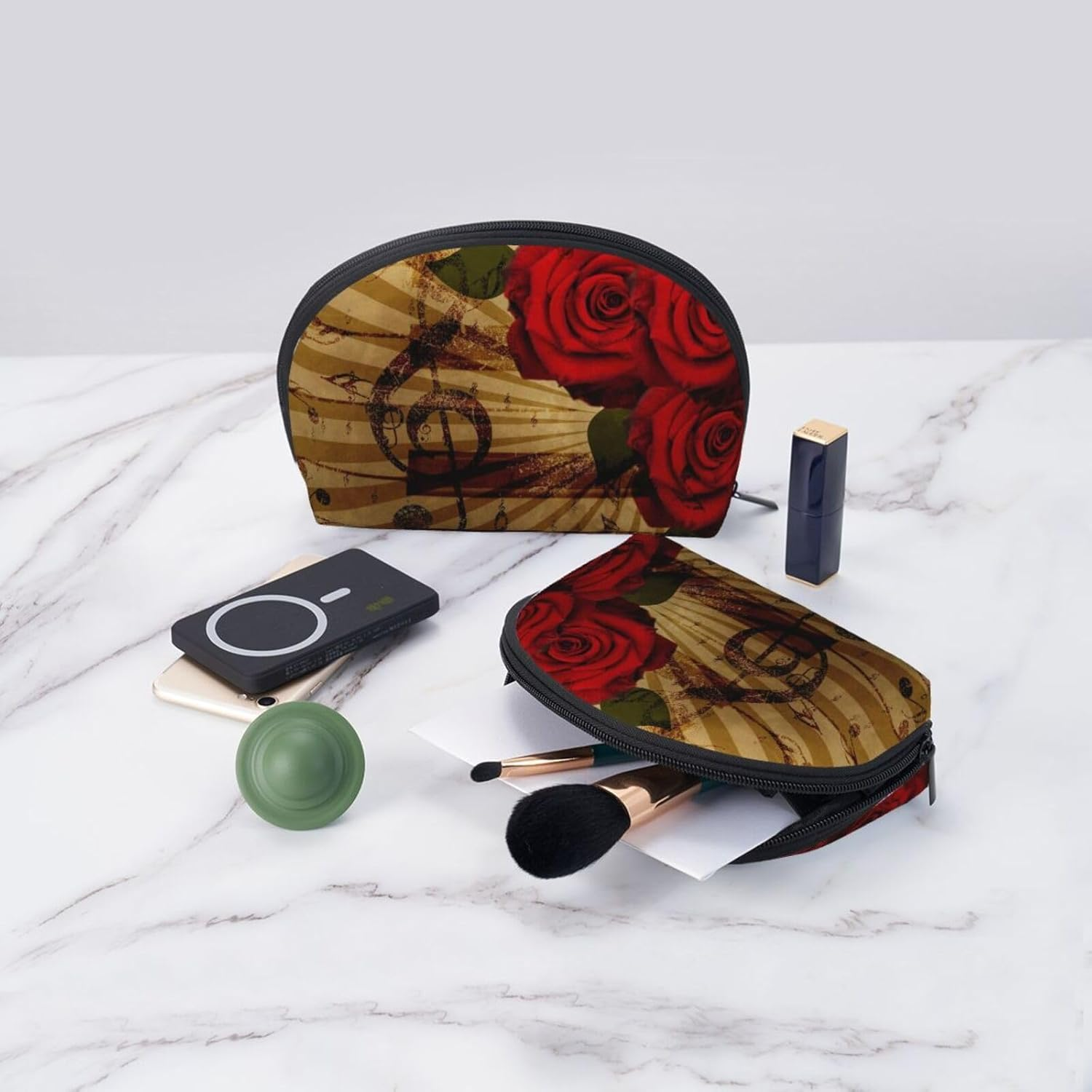 Cozimangoe Coin Pouch Makeup Bags Set, 2 Piece Shell Shape Cosmetic Bag with Pockets for Daily Travel Handbag Lipstick Keys Toiletry, Personalized Grunge Rose Vintage Music image number 6