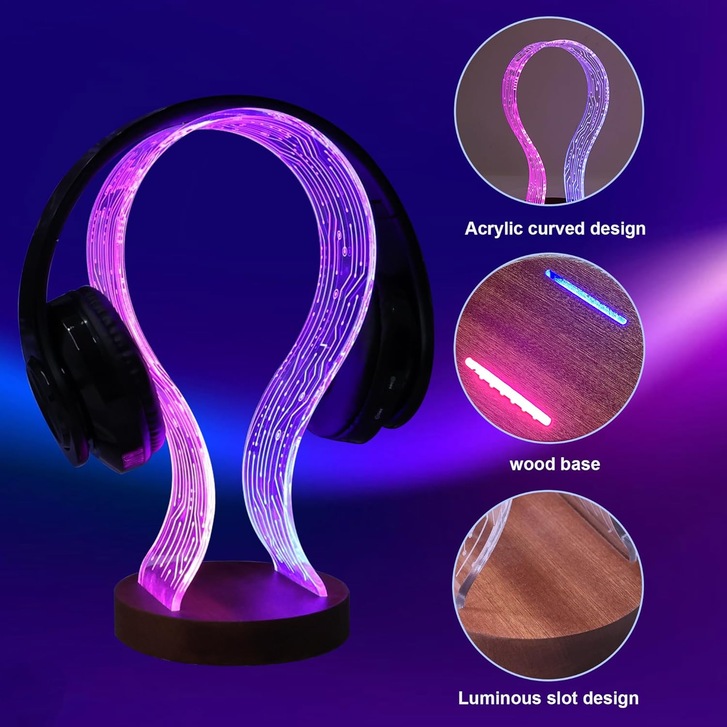 Yuandian Headphone Stand, Wood Headset Holder with Blue Pink LED Night Light for Gamers, Men, and Music Lovers - Desk Gift Idea - Pcb-Tray-Wooden Color image number 6